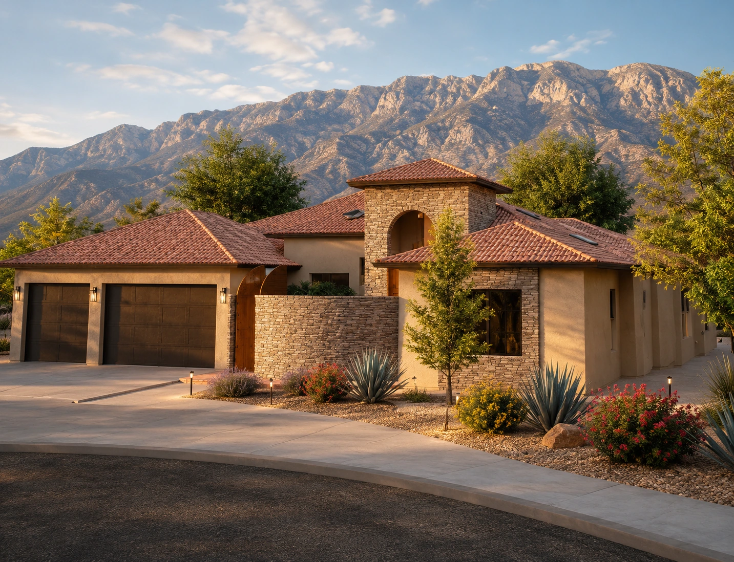 High-end rendering of a custom New Mexico residence with circular windows, standing-seam roofs, stone accents, covered porch, and desert landscaping at sunset
